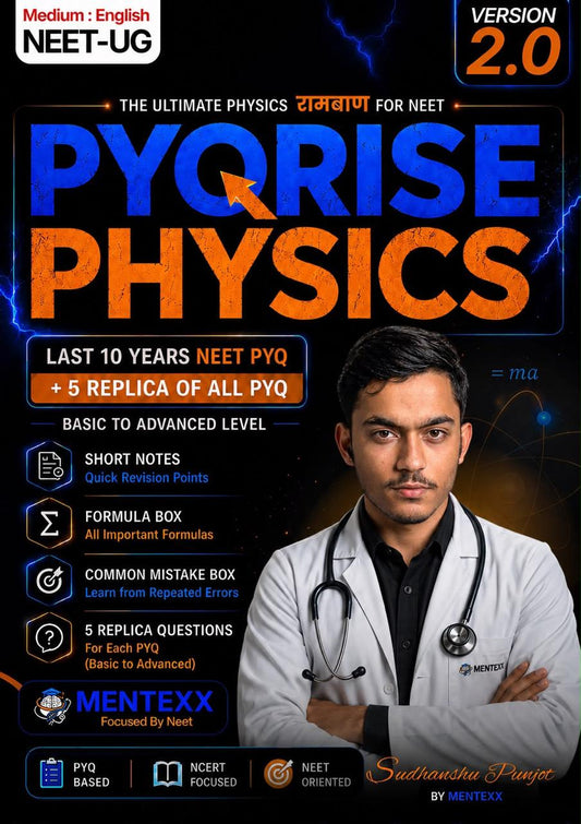 Front cover of PYQRISE Physics 2.0 English Medium, a NEET-UG Physics previous year questions book by Sudhanshu Punjot (MENTEXX)